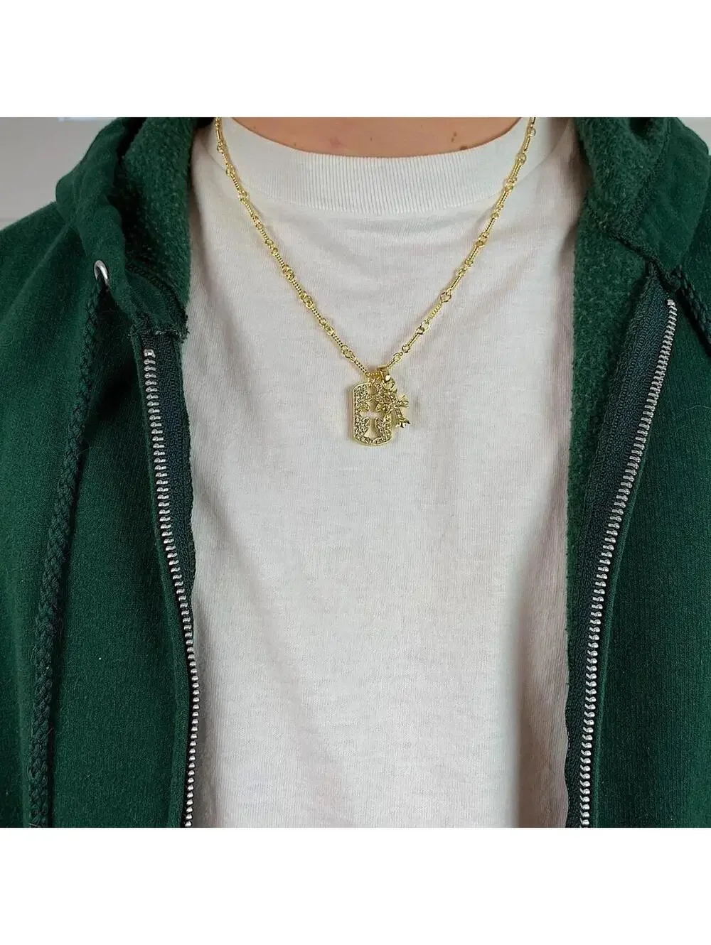 y2k 2000s style grunge gold chrome rhinestone cross dog tag style pendant